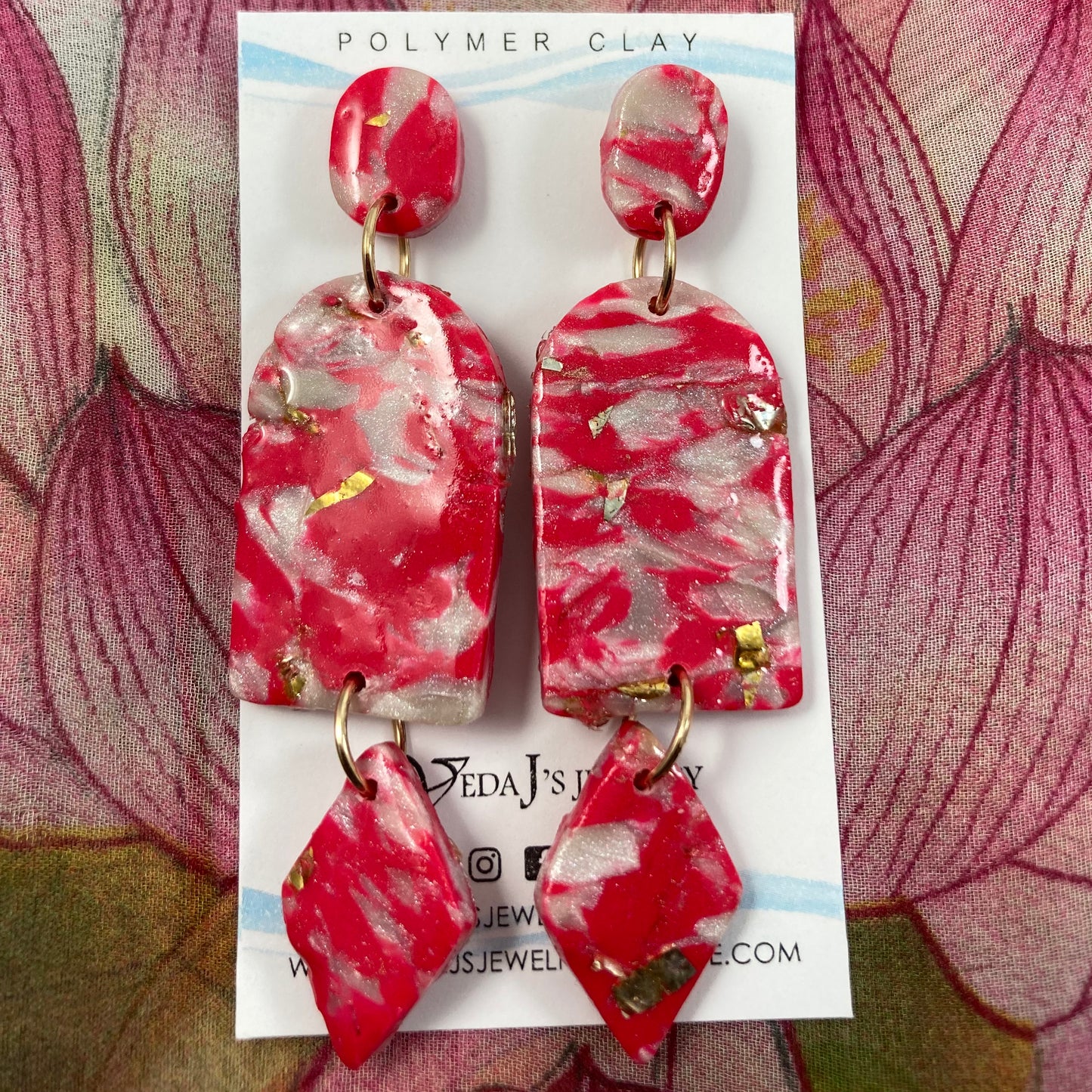 PLYCL-05 Pink & Gray Marbled 3-Tiered Earrings