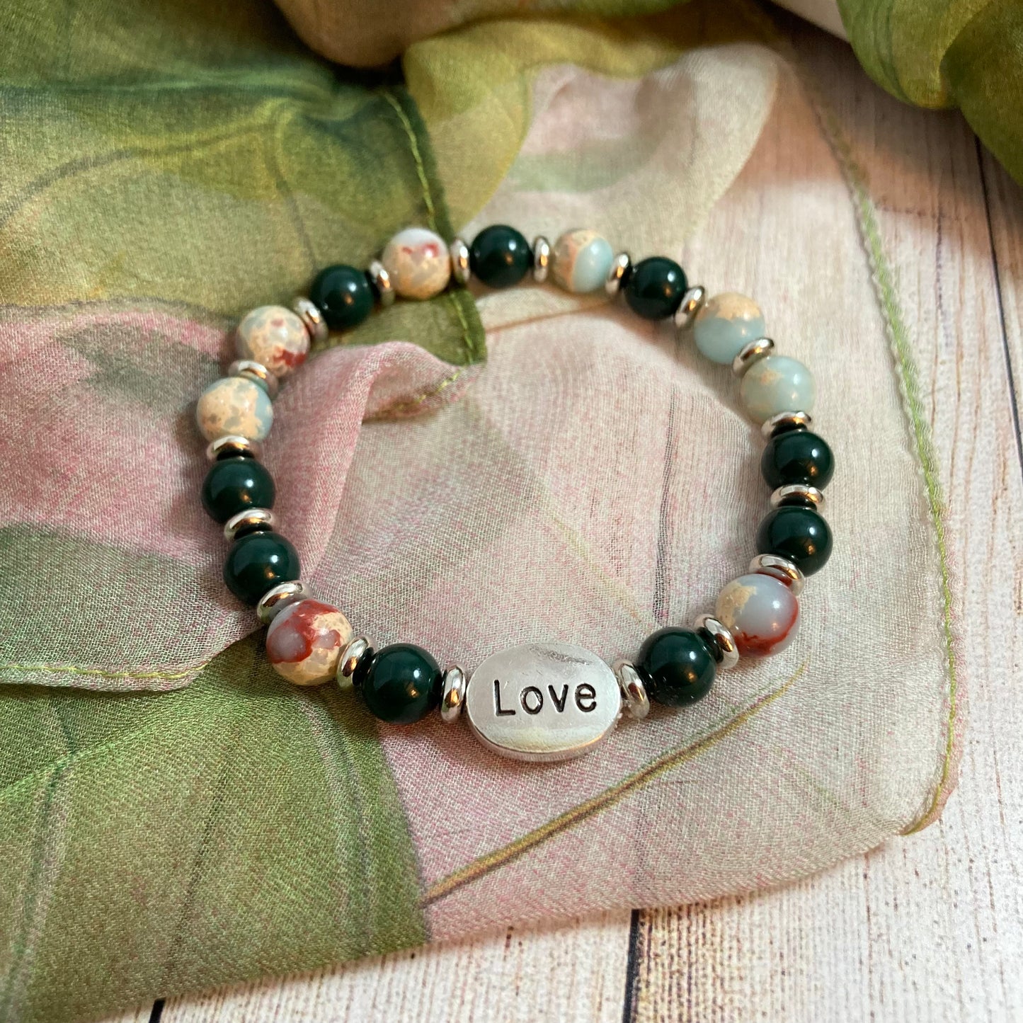 B24-18 Natural Sky Blue Stretch Bracelet w/ LOVE Focal