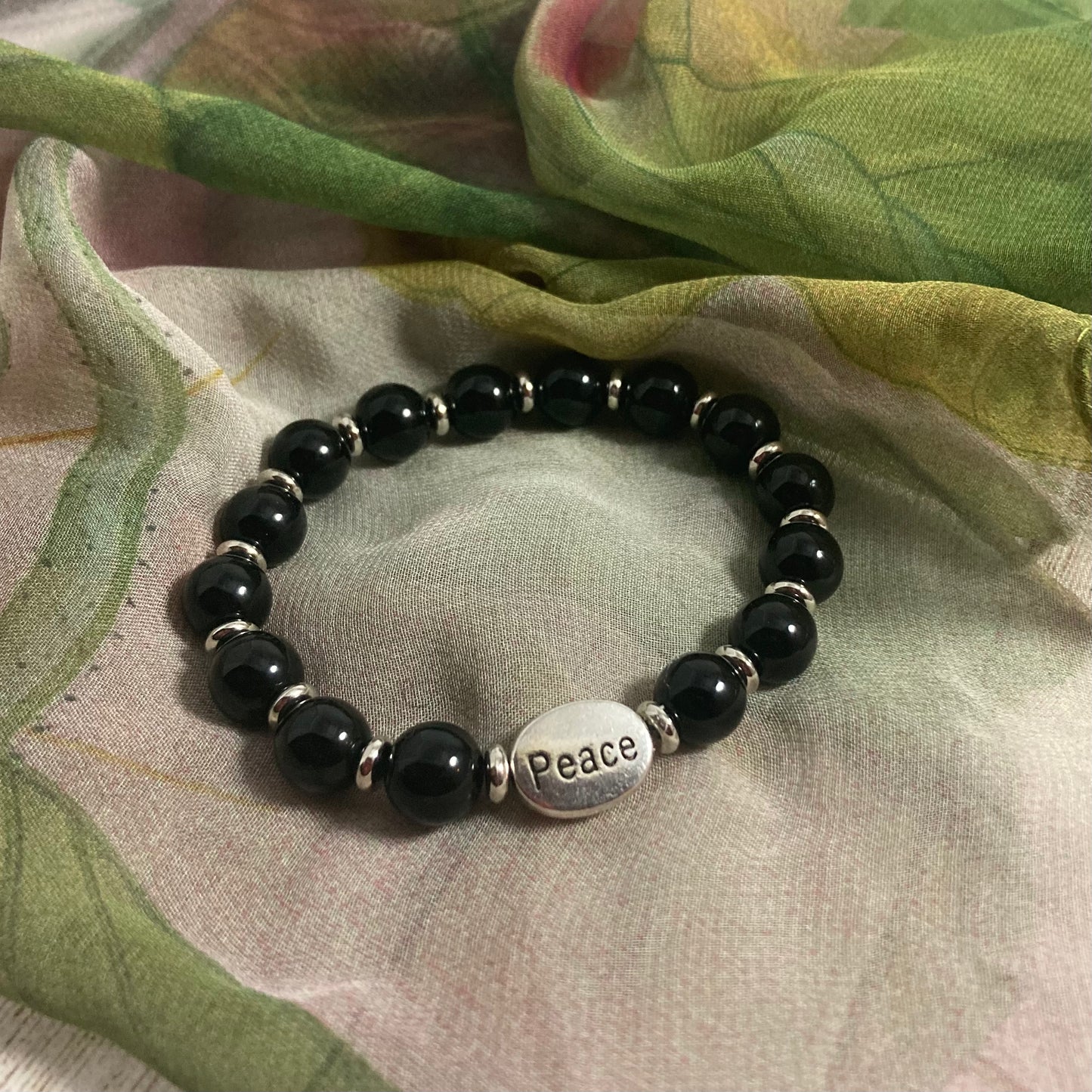 B24-21 Black & Silver Stretch Bracelet w/ PEACE Focal