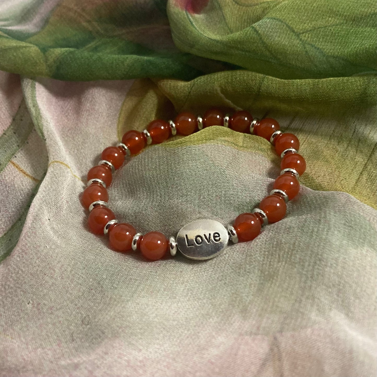 B24-23 Red & Silver Stretch Bracelet w/ LOVE Focal