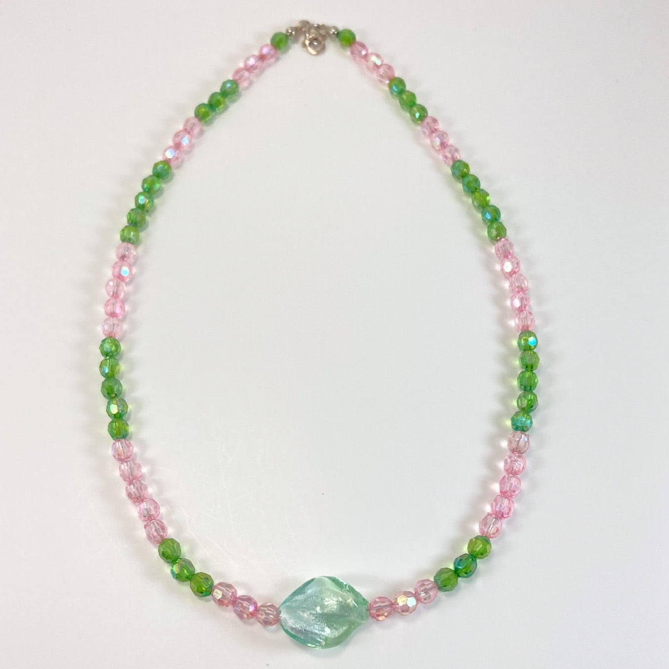38S Pink & Green Glass Bead Necklace & Earring Set