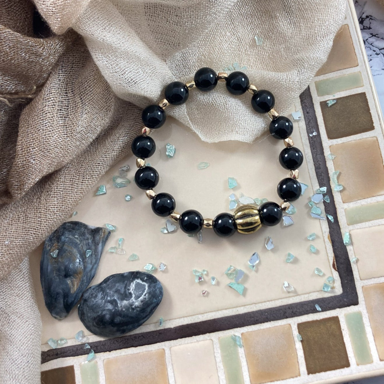 49B - Stretch Black Glass Bead Bracelet