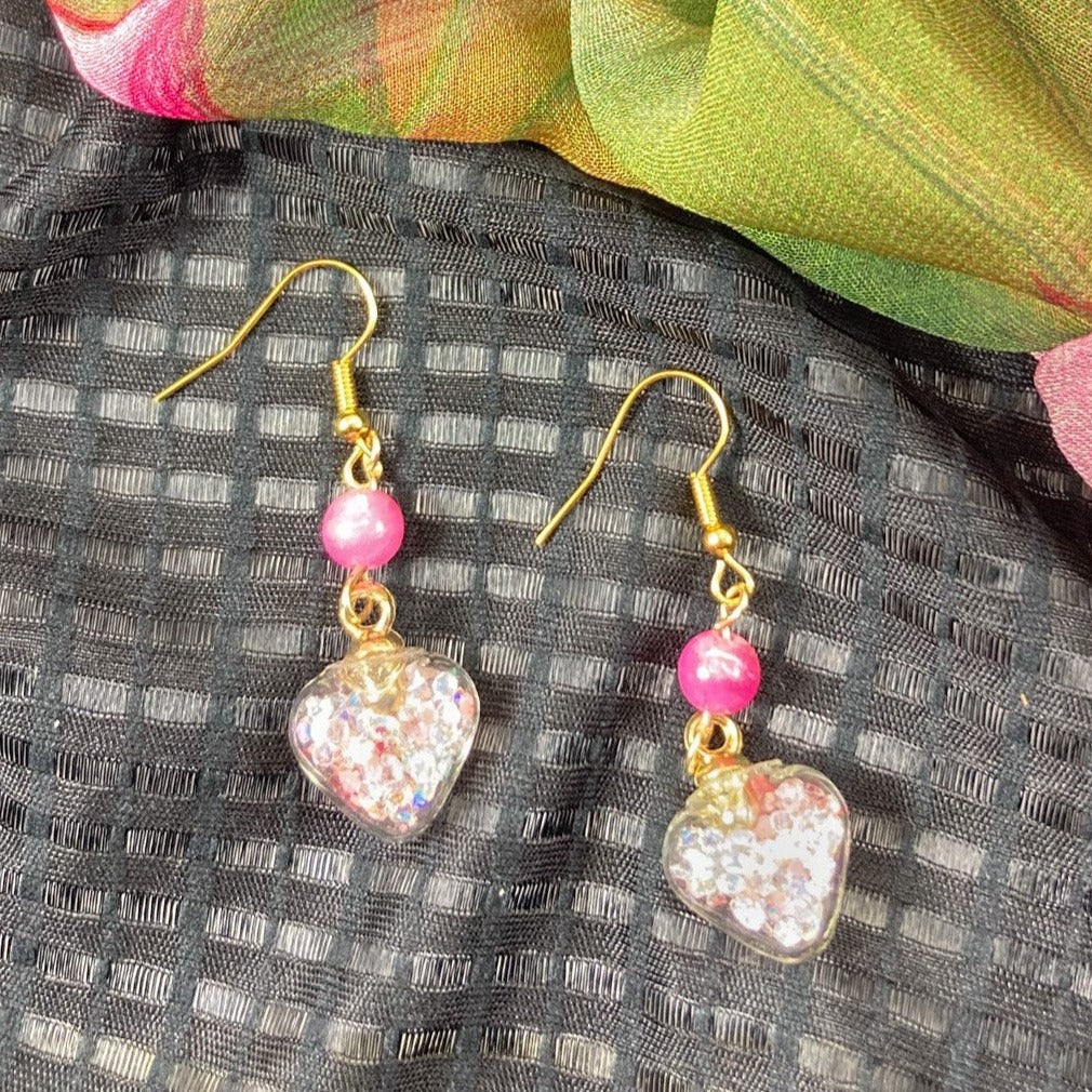 FHFS61 - Glass Heart Earrings - Pink & Yellow