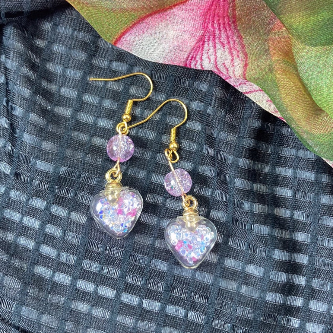 FHFS63 - Glass Heart Earrings - Sparkling Purple