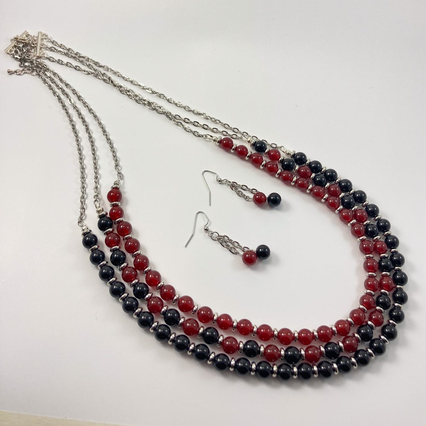 FTNS35 - 3 Strand Red, Black & Silver Necklace w/ Earrings