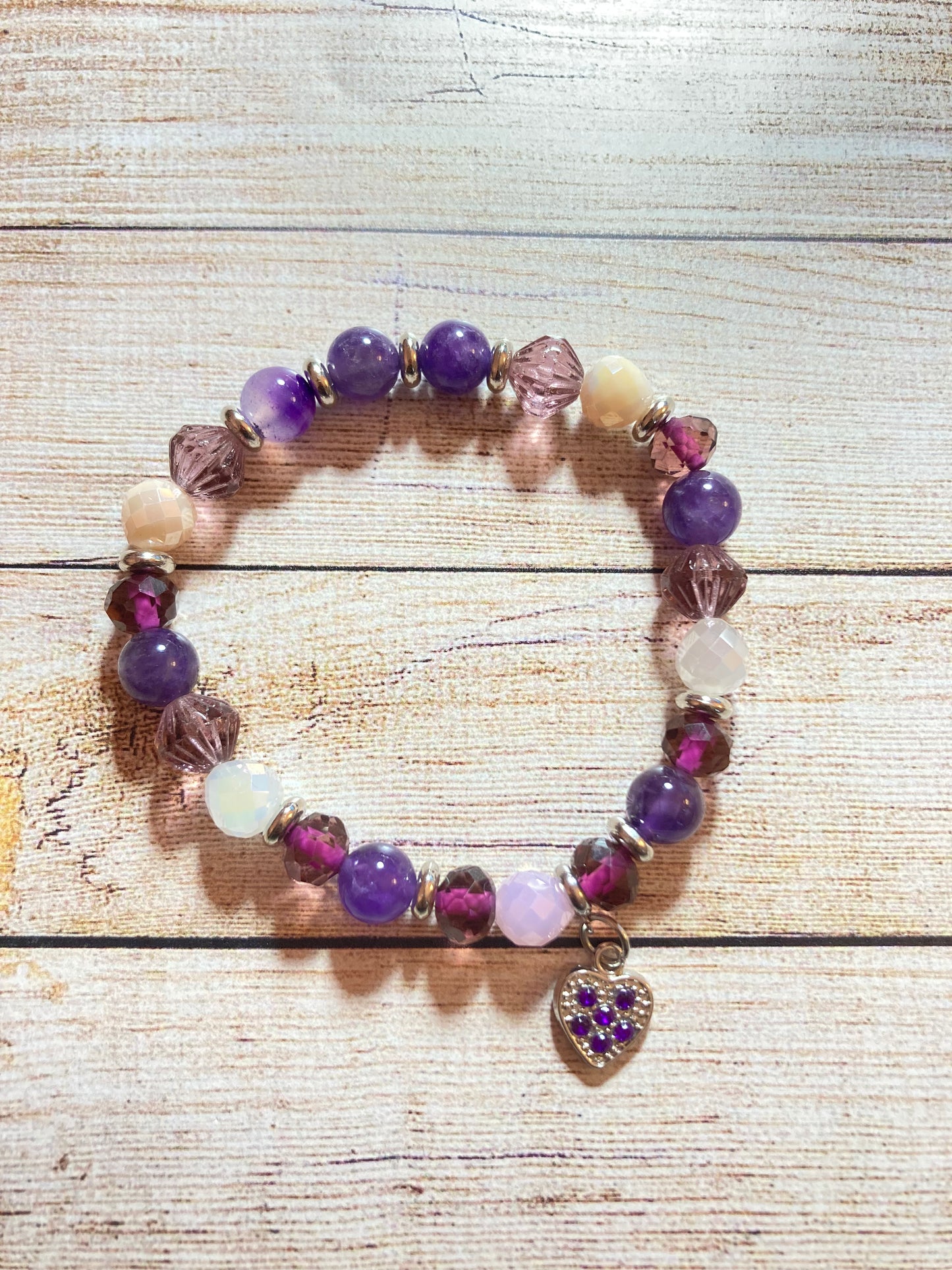 B24-F58 - Purple Amethyst Stretch Bracelet with Heart Charm