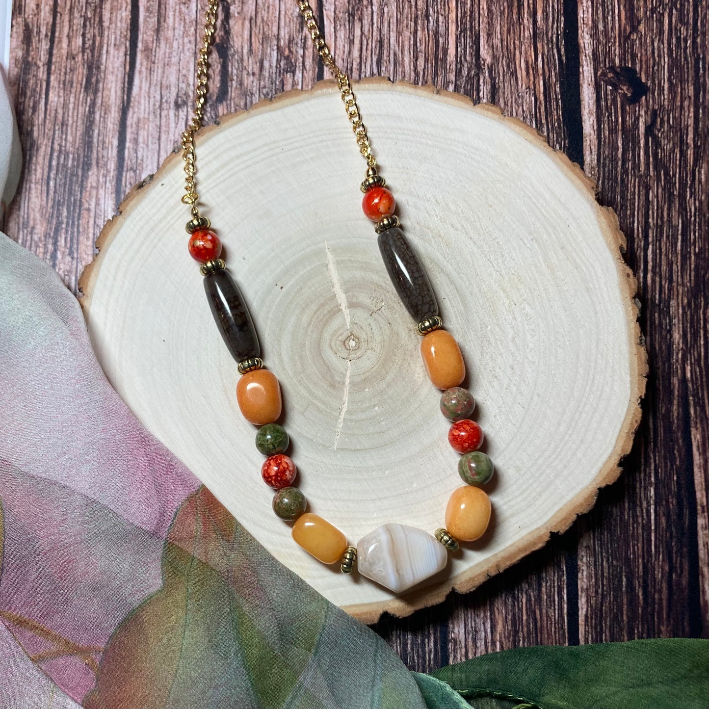 N24-F34 - Orange and Gold Natural Stone Necklace