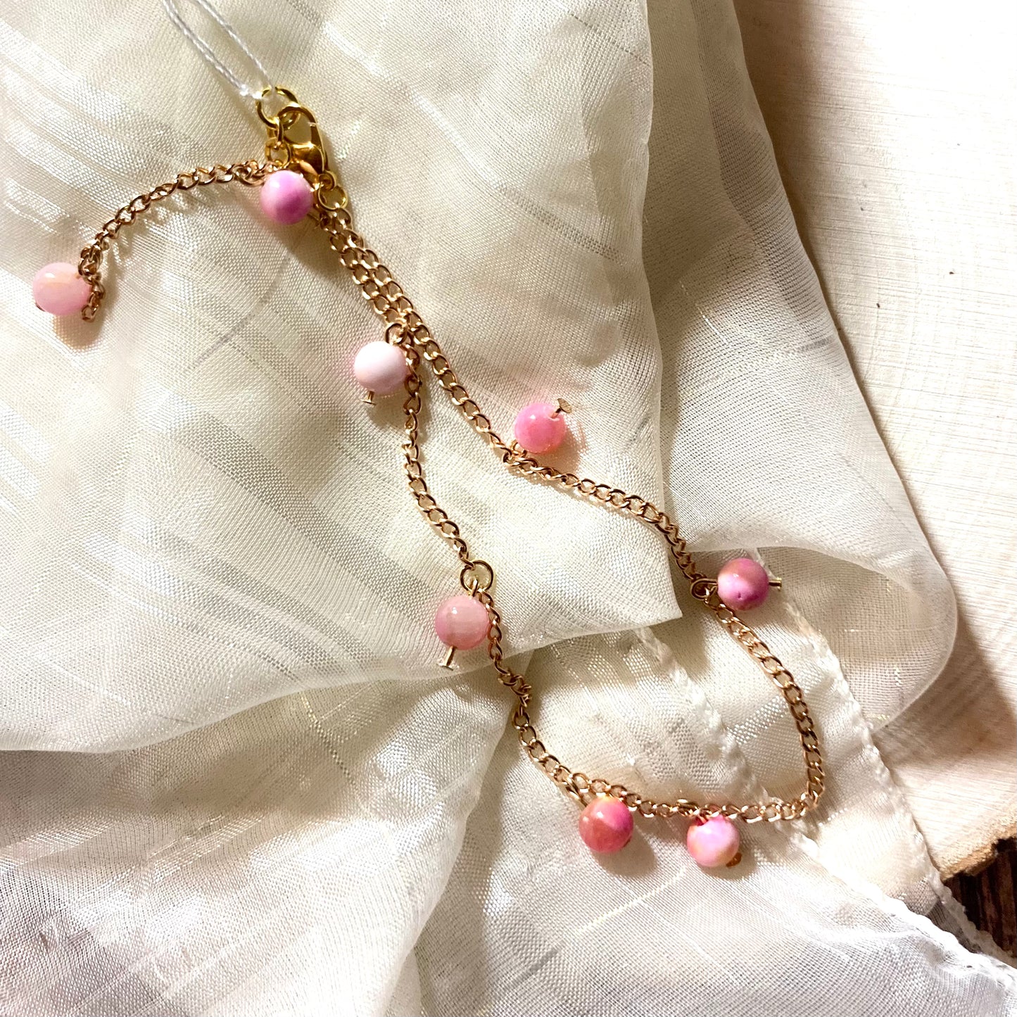 AB24-F06 Pink and Yellow on Gold Chain Ankle Bracelet