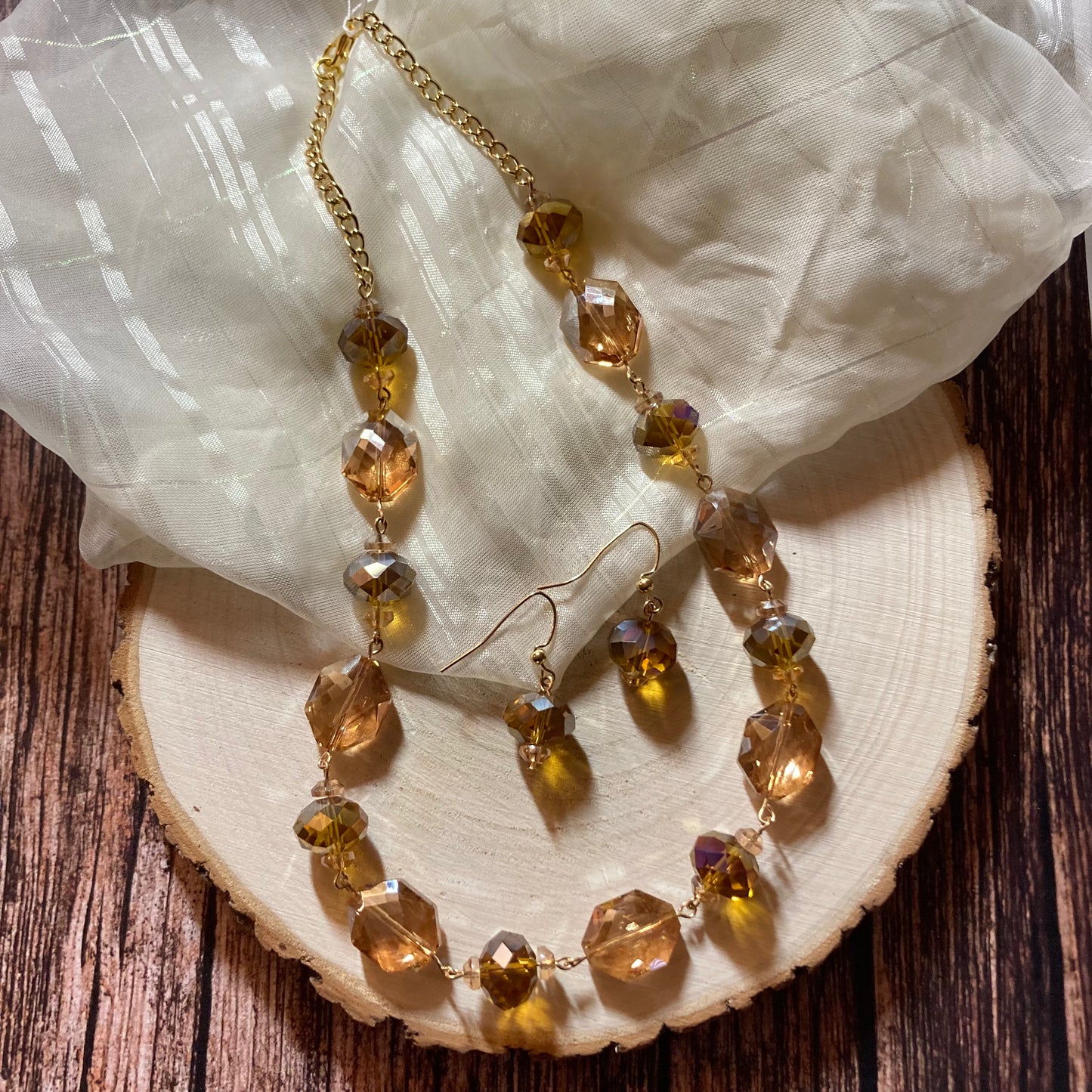 NS24-F22 - Amber Glass Faceted Oval Necklace & Earring Set