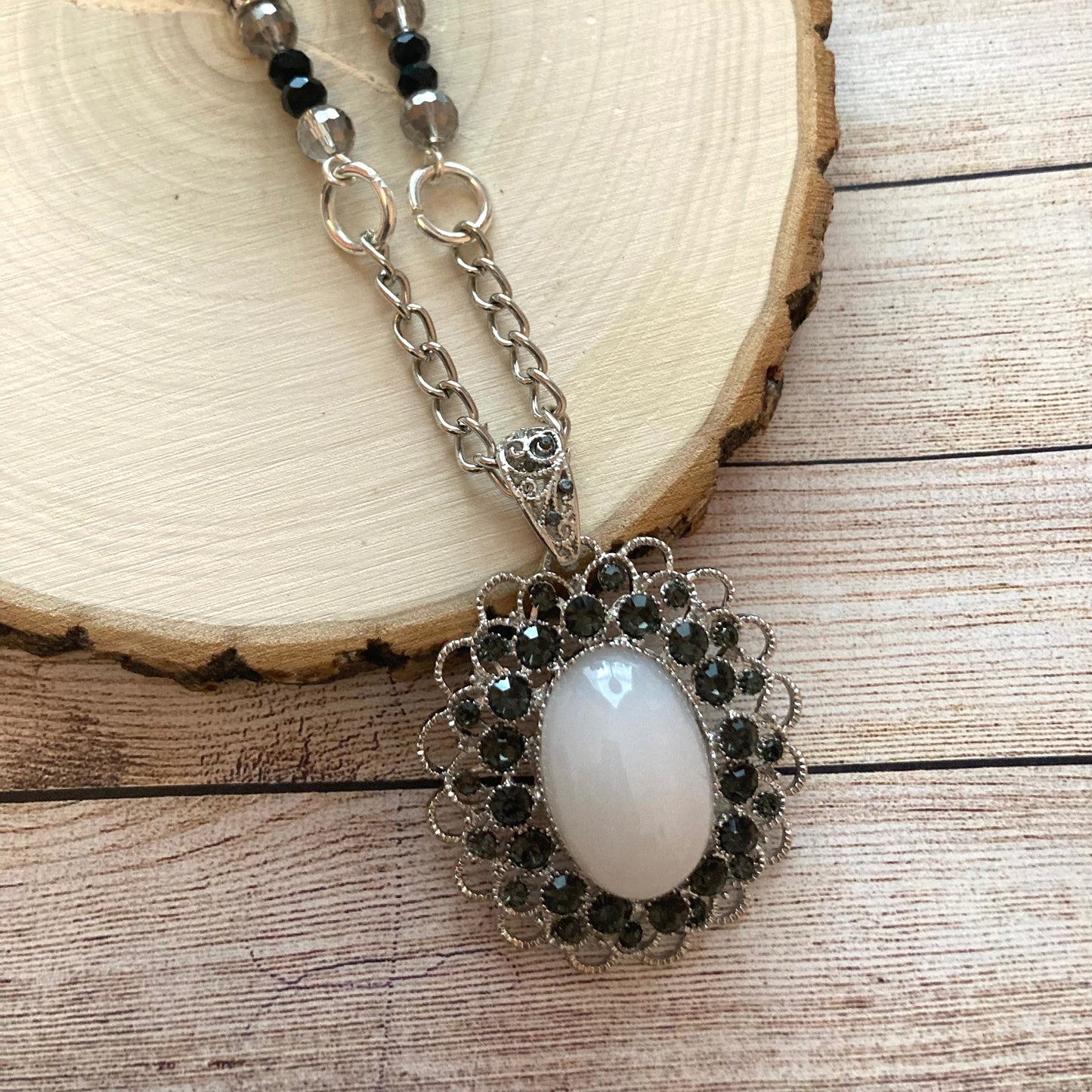 N24-F45C - Silver & Black Necklace w/ Oval Glass Pendant