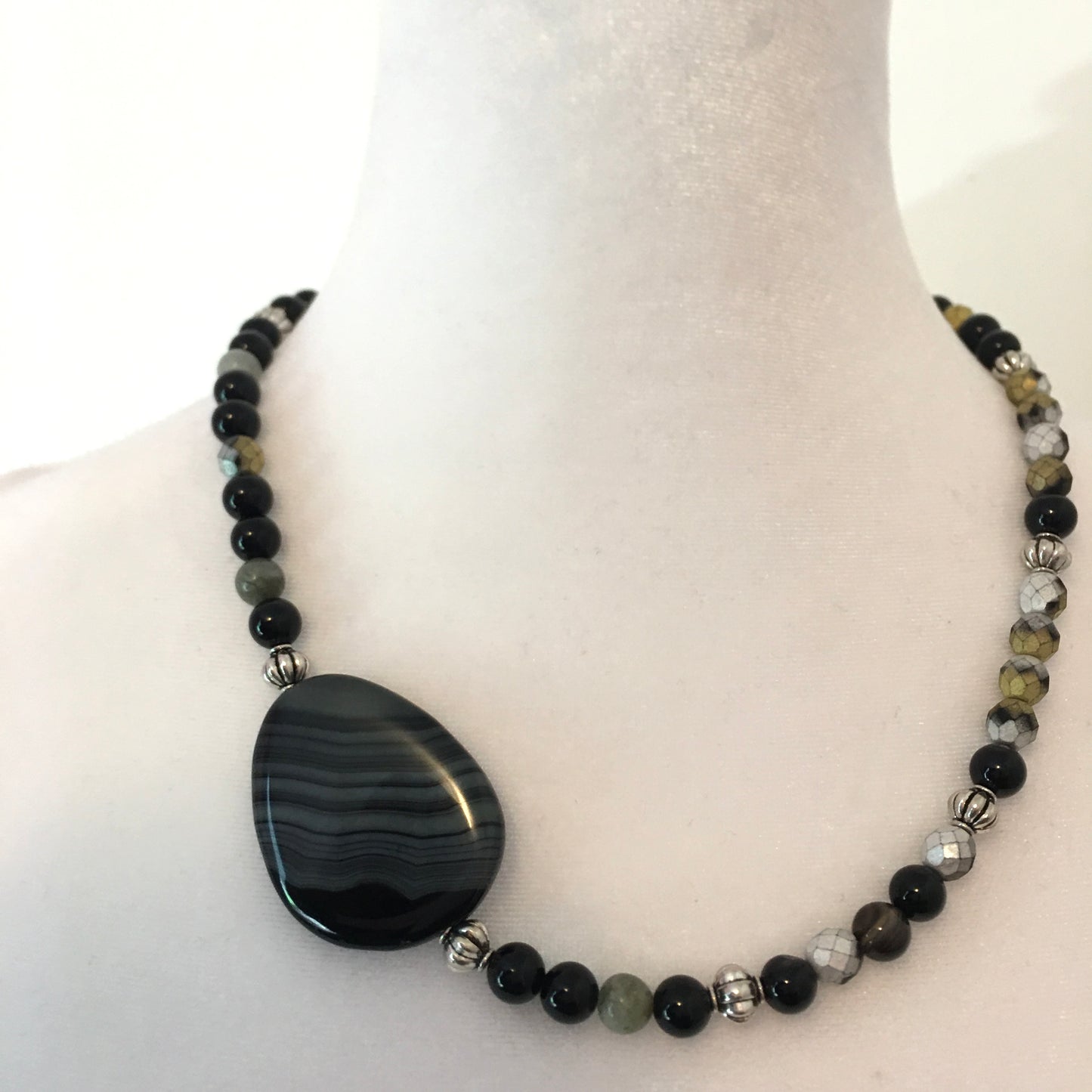 N24-F47 - Black, Gray & Onyx Necklace with Asymmetric Focal