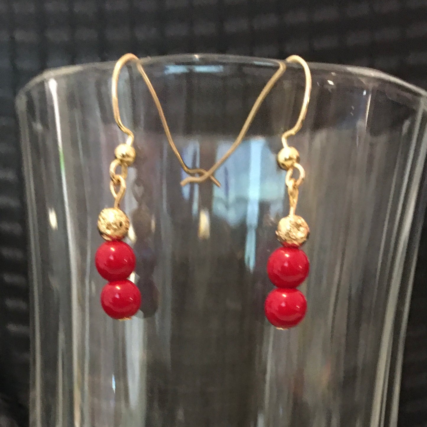 E24-F23 Red Glass and Gold Lava Earrings