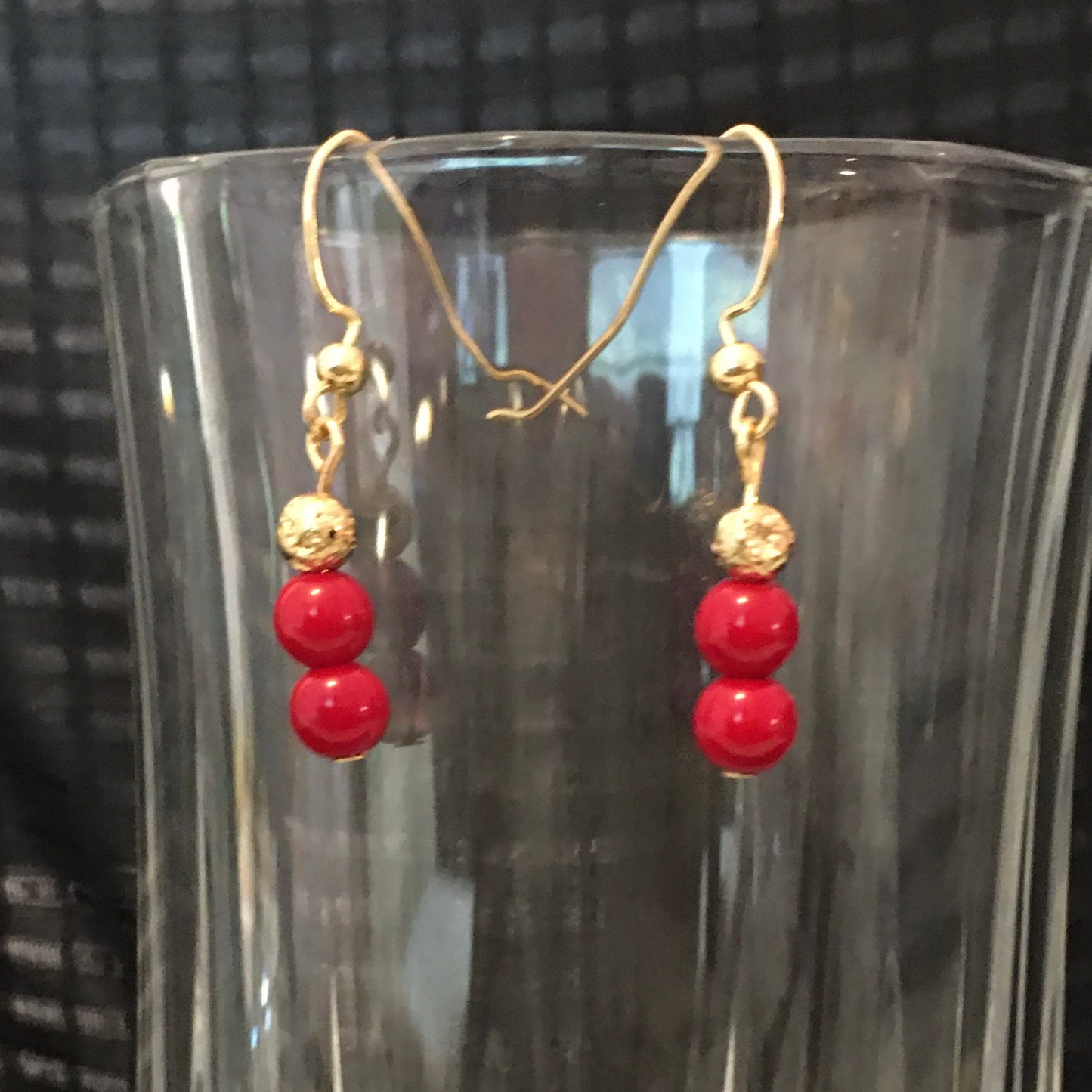 E24-F23 Red Glass and Gold Lava Earrings