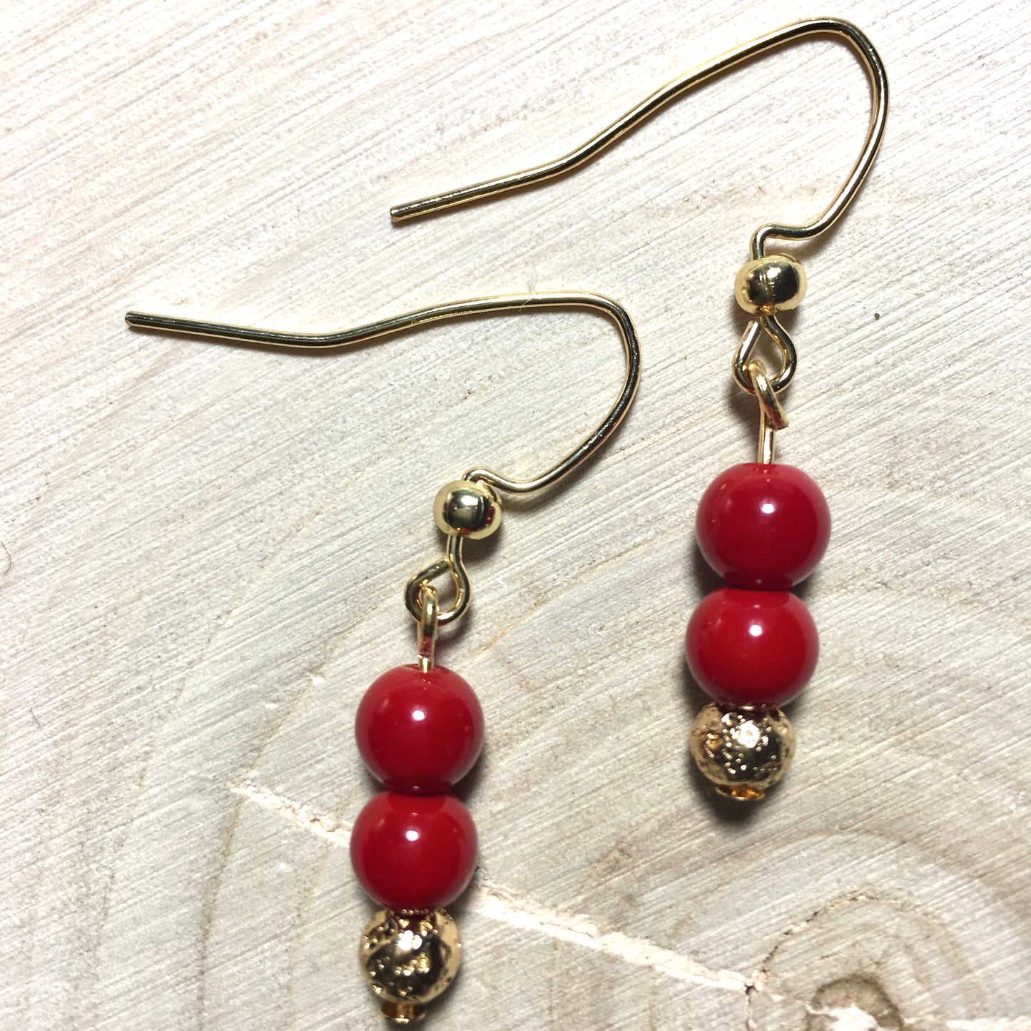 E24-F25 Red Glass and Gold Lava Earrings