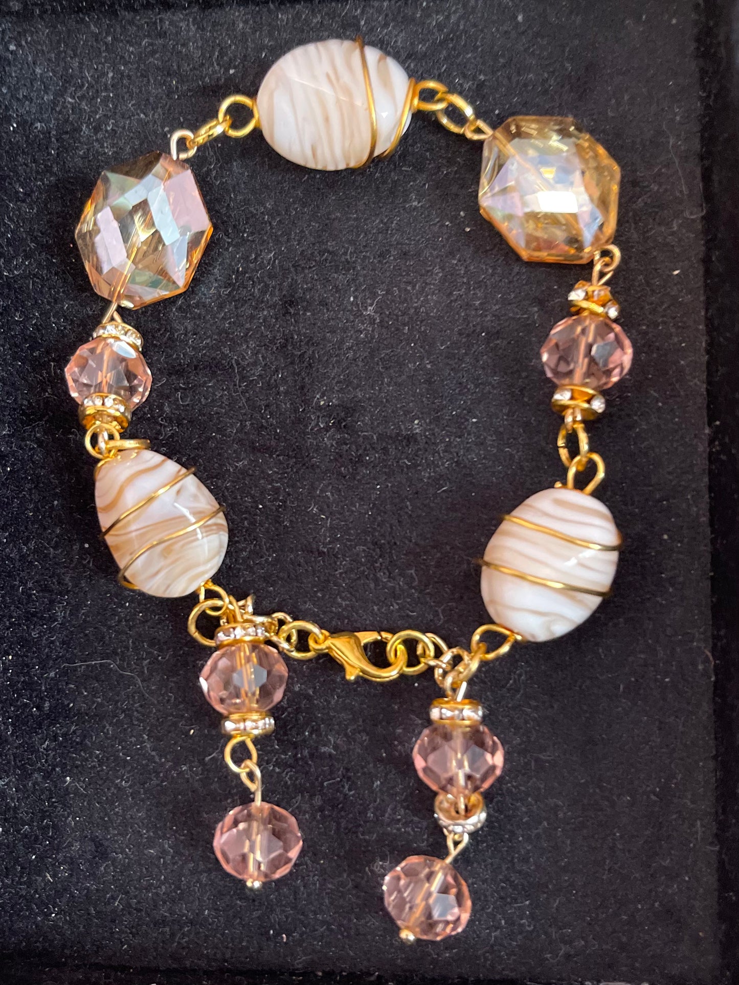25 B26 Gold linked amber and peach faceted glass bracelet