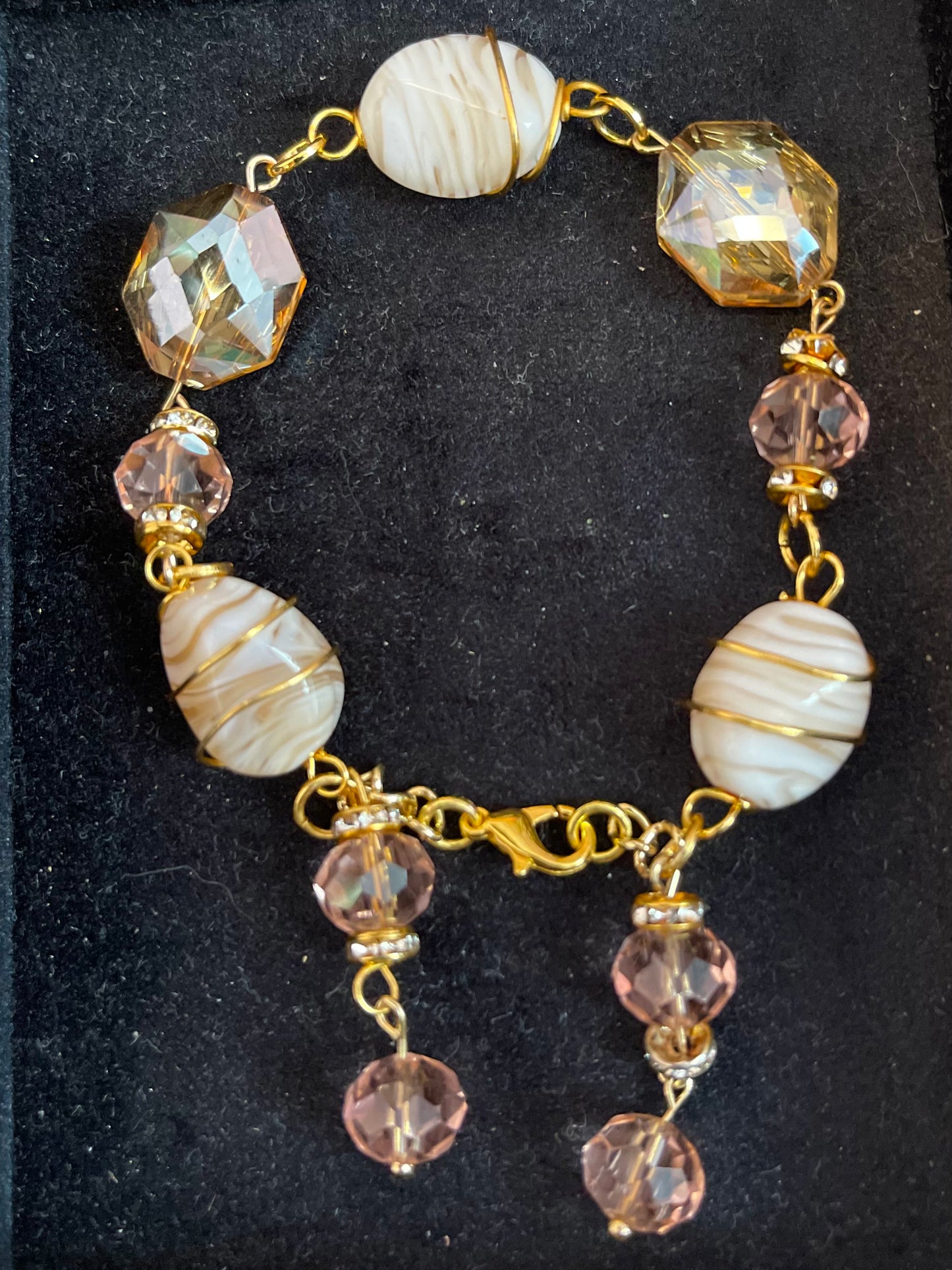 25 B26 Gold linked amber and peach faceted glass bracelet