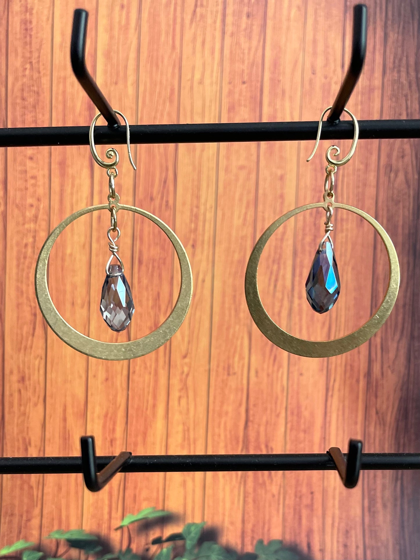 25 E17 Brass hoops with blue teardrop