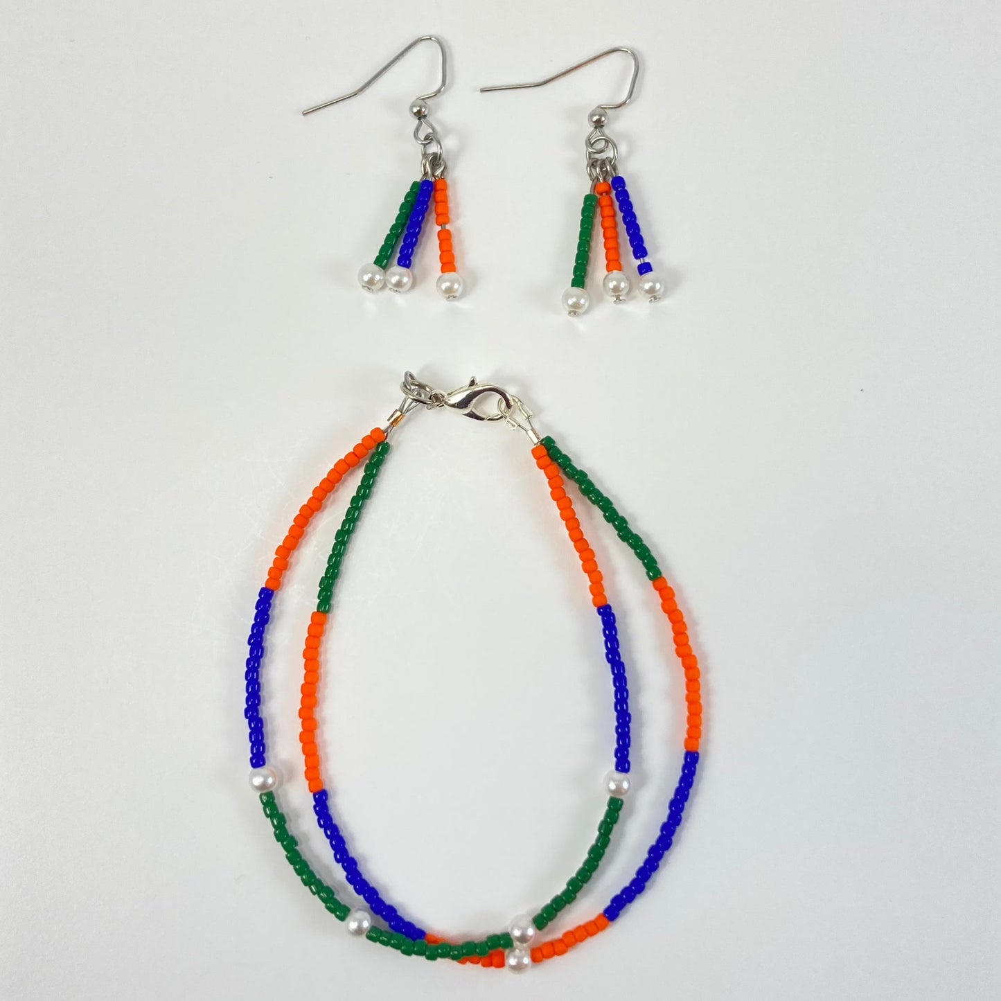 FFB31 - Friendship Bracelet & Earrings - Blue, Orange & Green