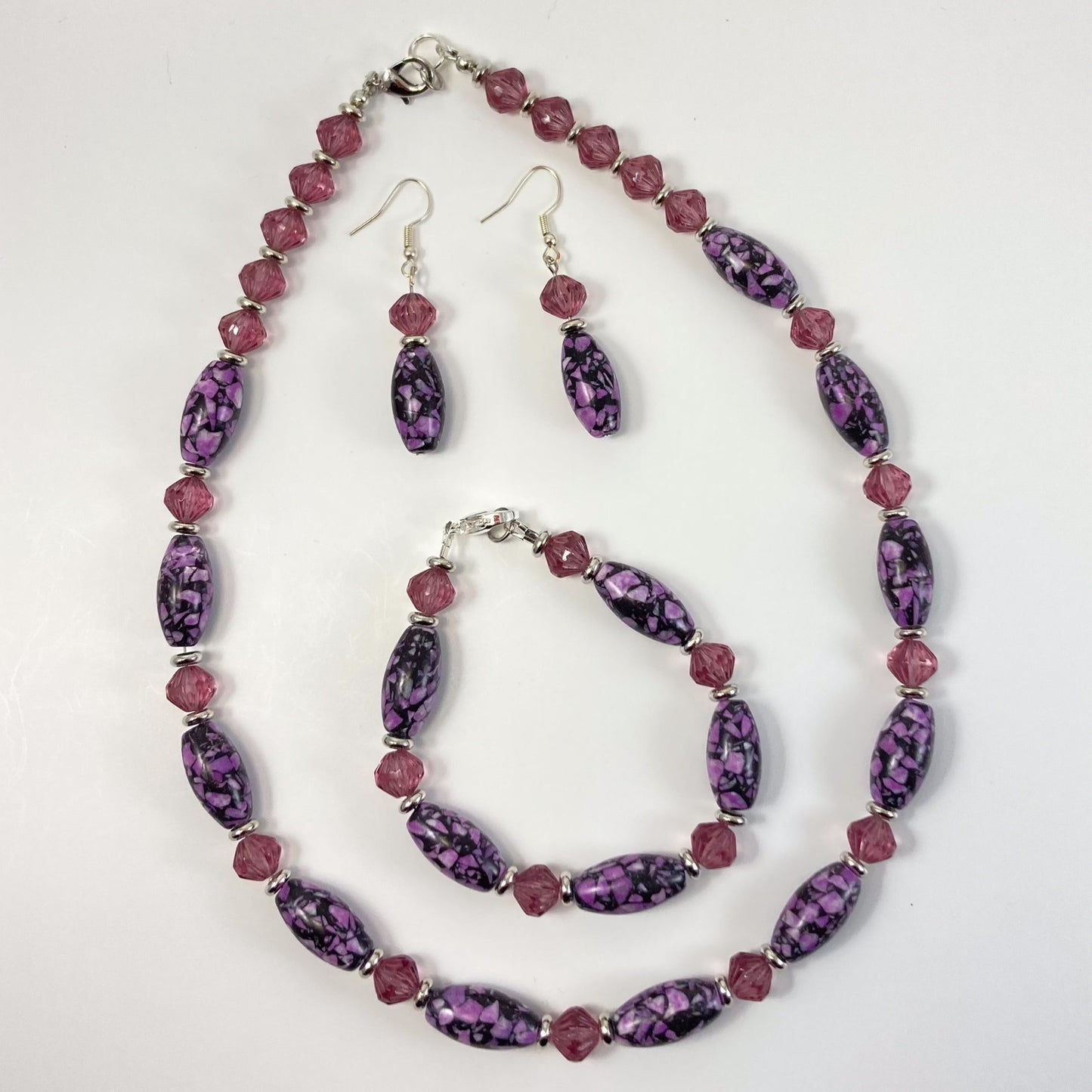 29S - Purple Marble & Glass Necklace, Bracelet & Earring Set