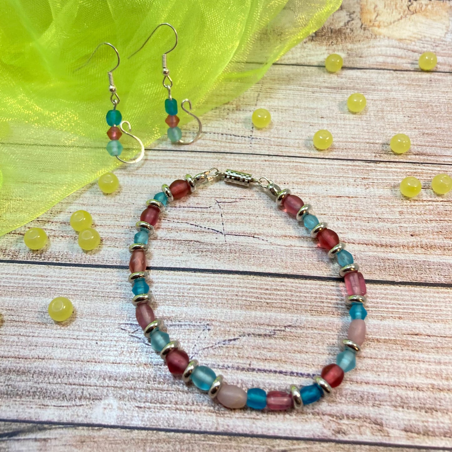 32S - Pink & Blue Bead Bracelet & Earrings