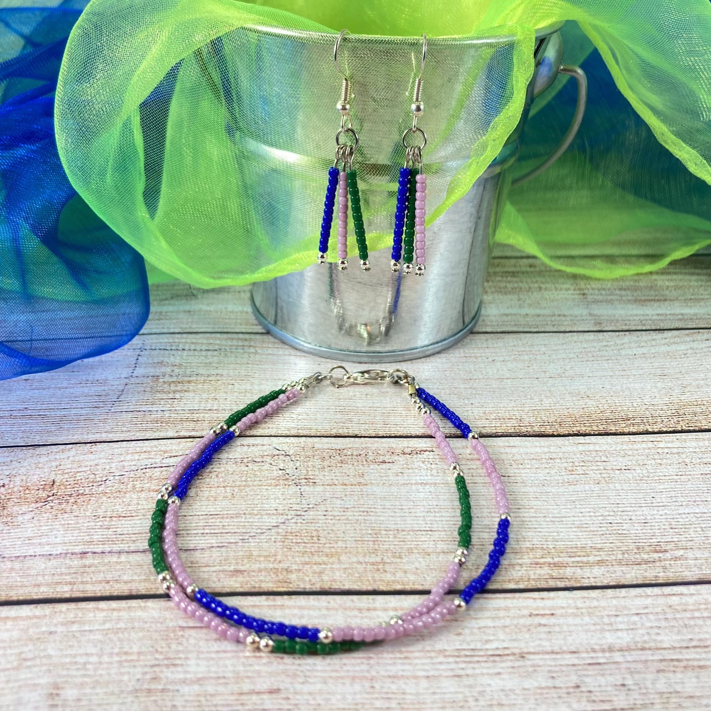 FFB32 - Friendship Bracelet & Earrings - Blue, Mauve & Green