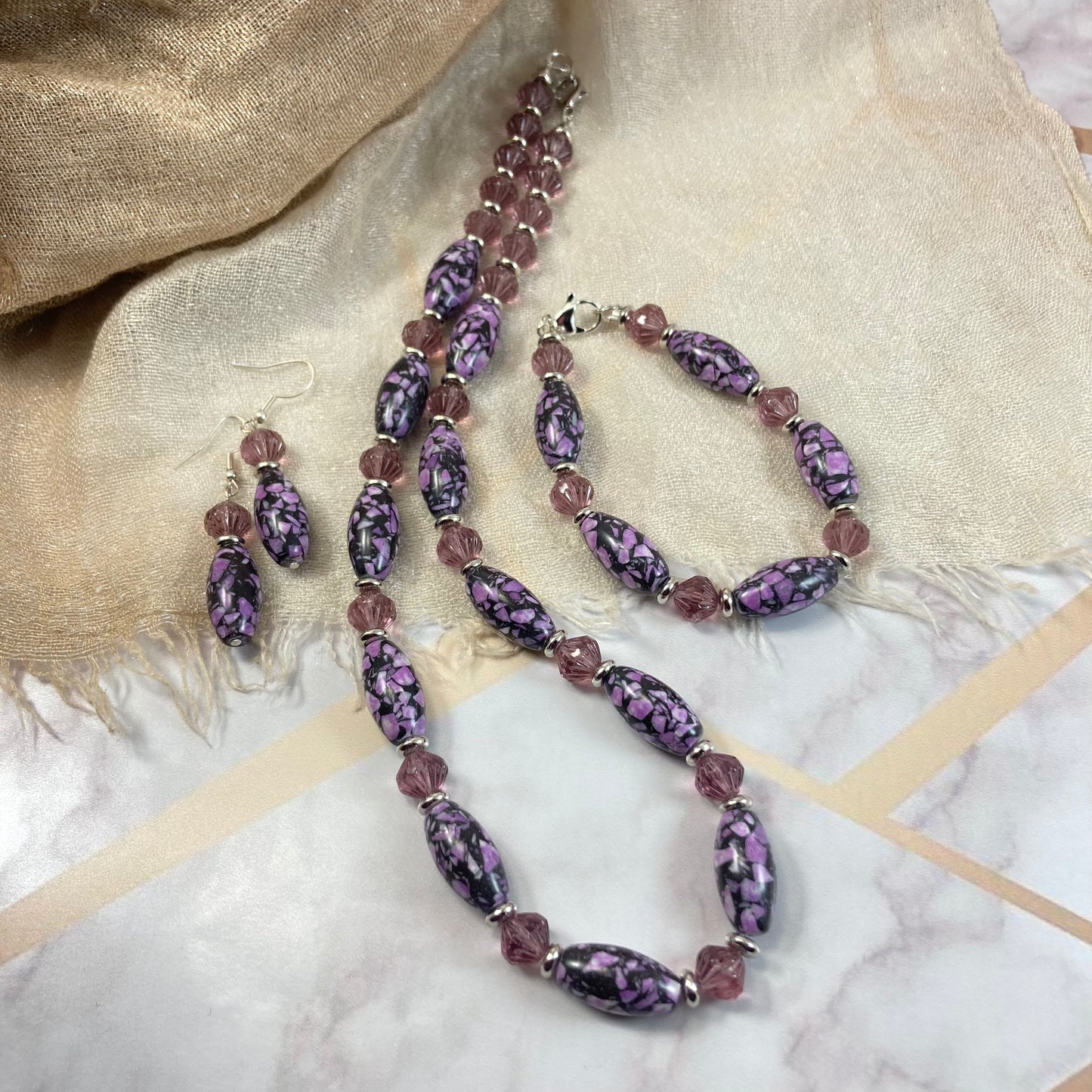 29S - Purple Marble & Glass Necklace, Bracelet & Earring Set