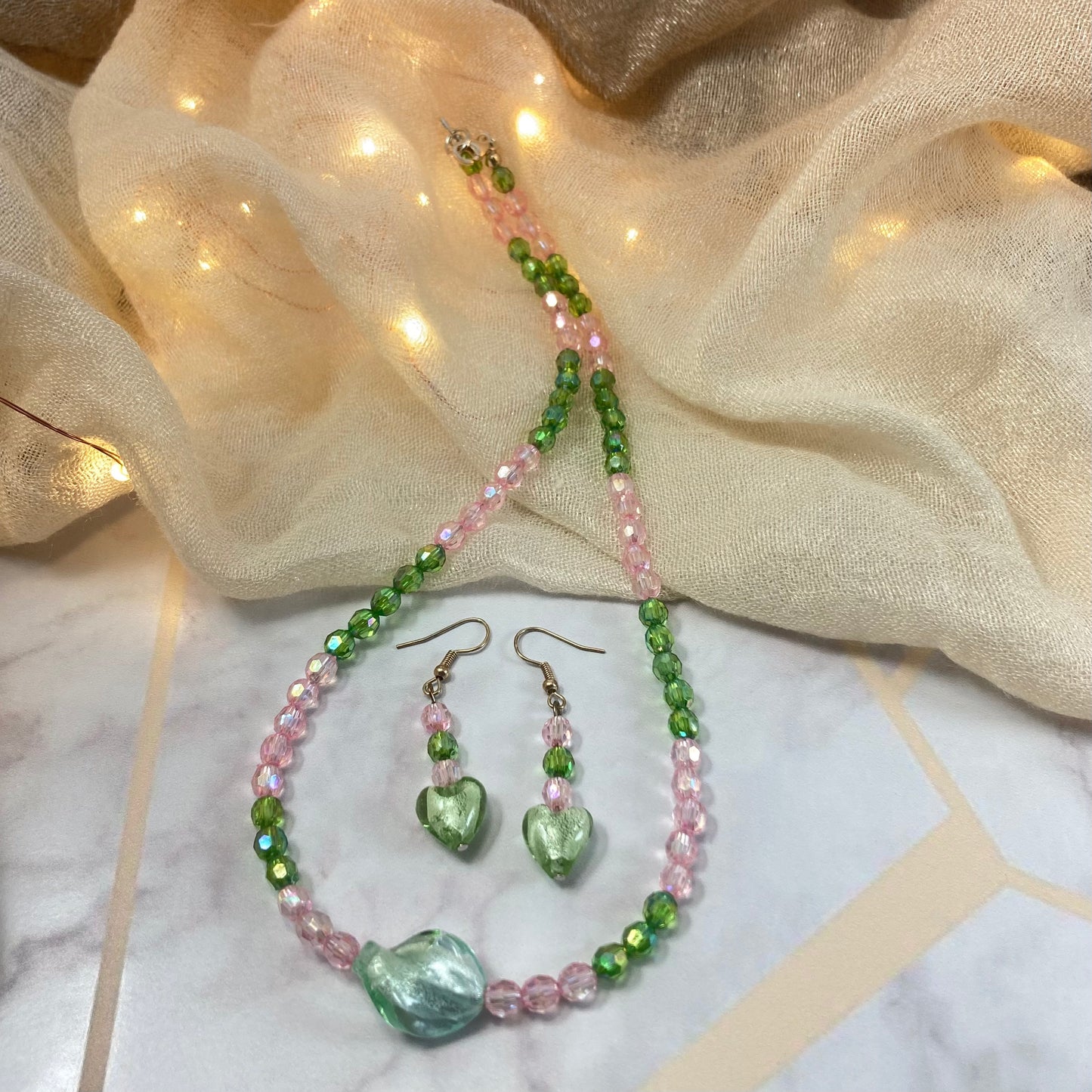 38S Pink & Green Glass Bead Necklace & Earring Set
