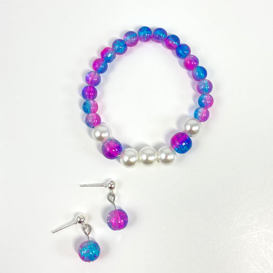52GS Pink & Blue Bead Bracelet and Earring