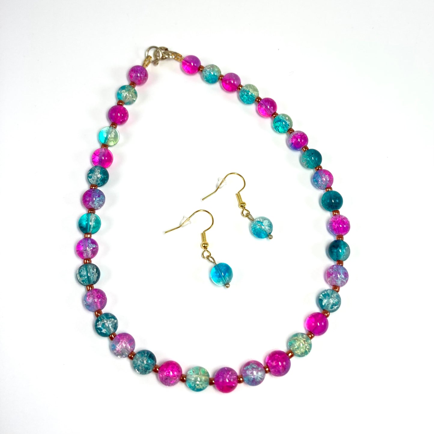 54GS Pink & Blue Bead Necklace and Earring Set