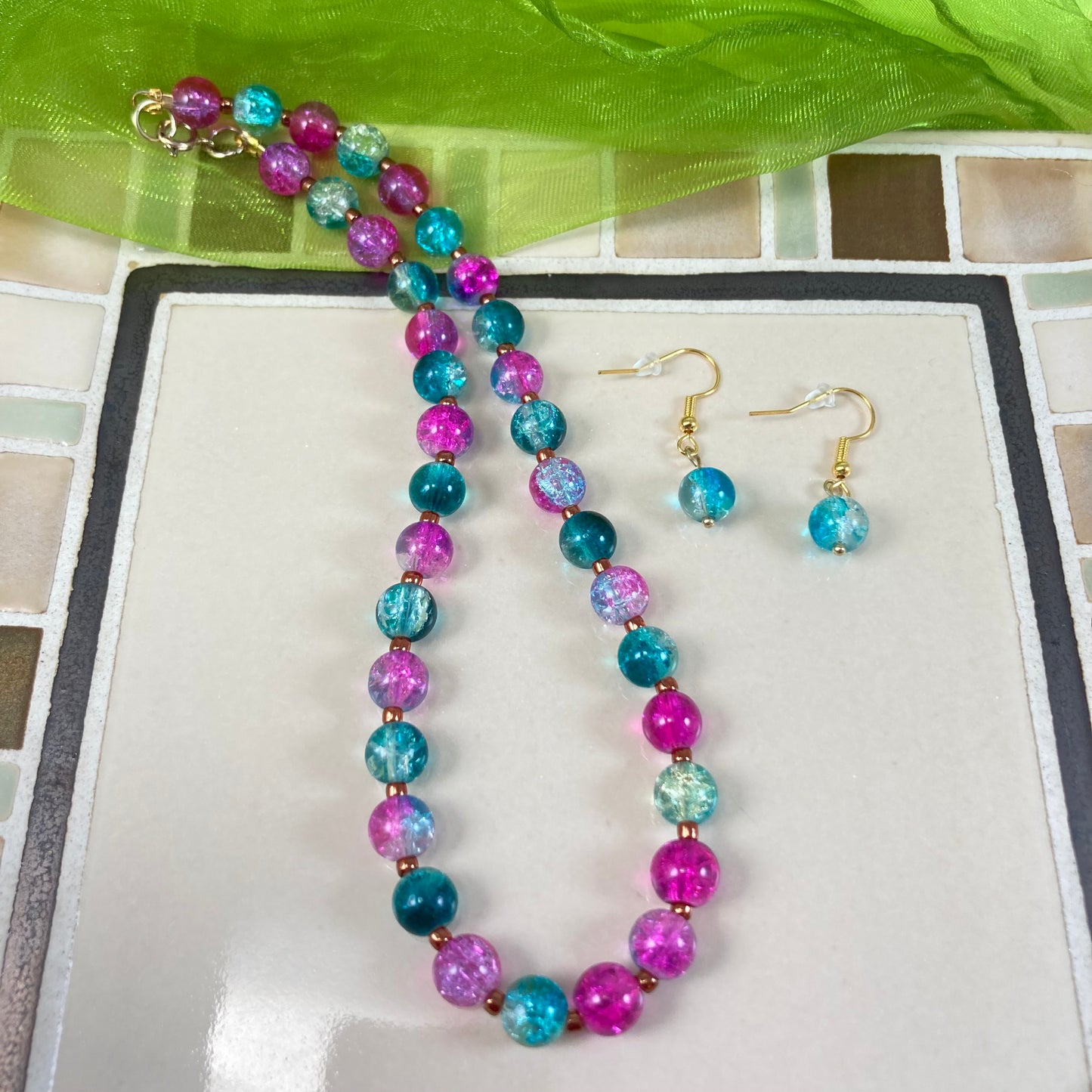 54GS Pink & Blue Bead Necklace and Earring Set