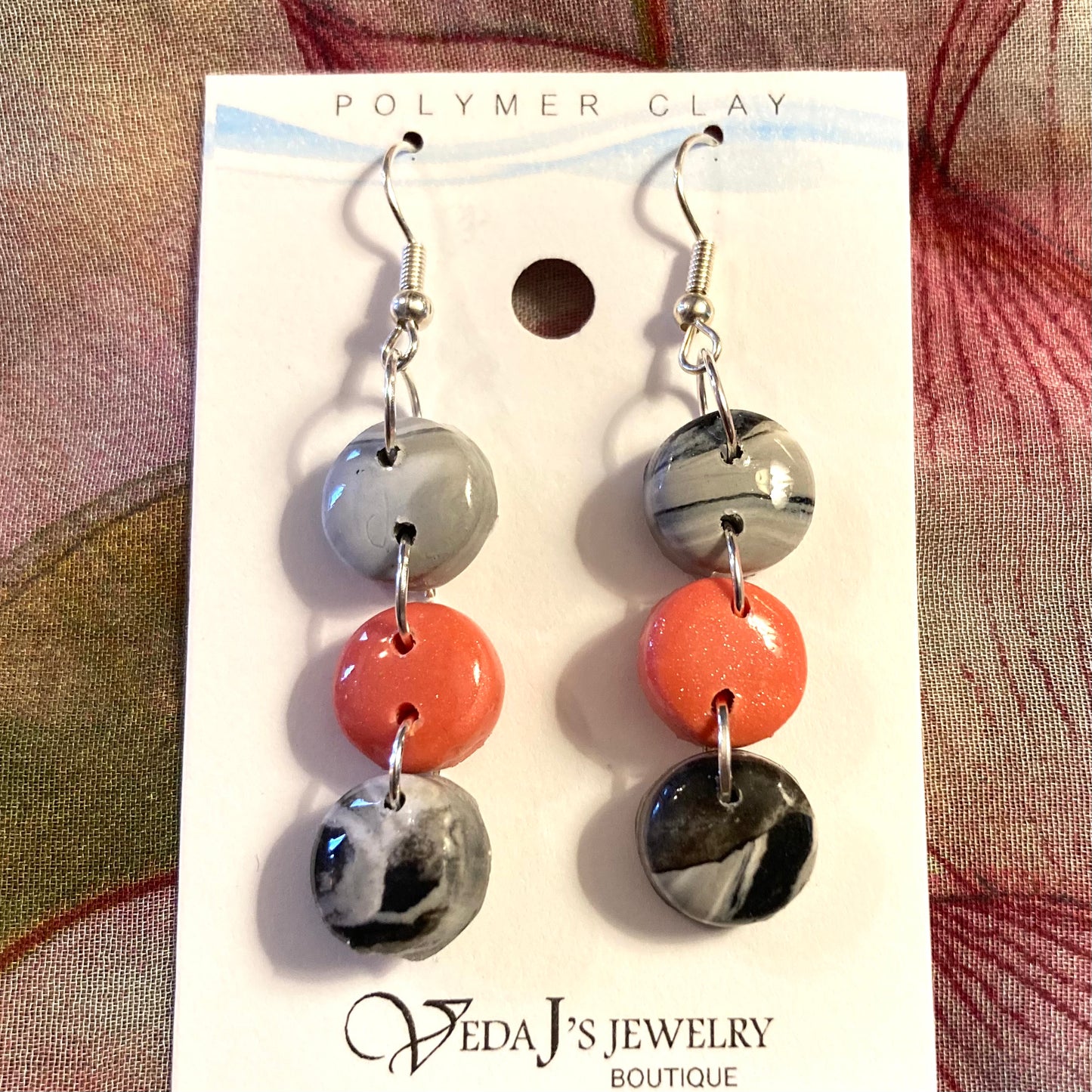 PLYCL-19 - 3-Tier Marbled Black/Gray & Salmon Earrings