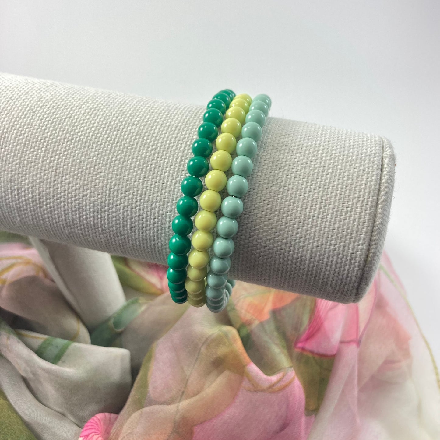TMB11 - Triple Beaded Green & Yellow Memory Bracelet
