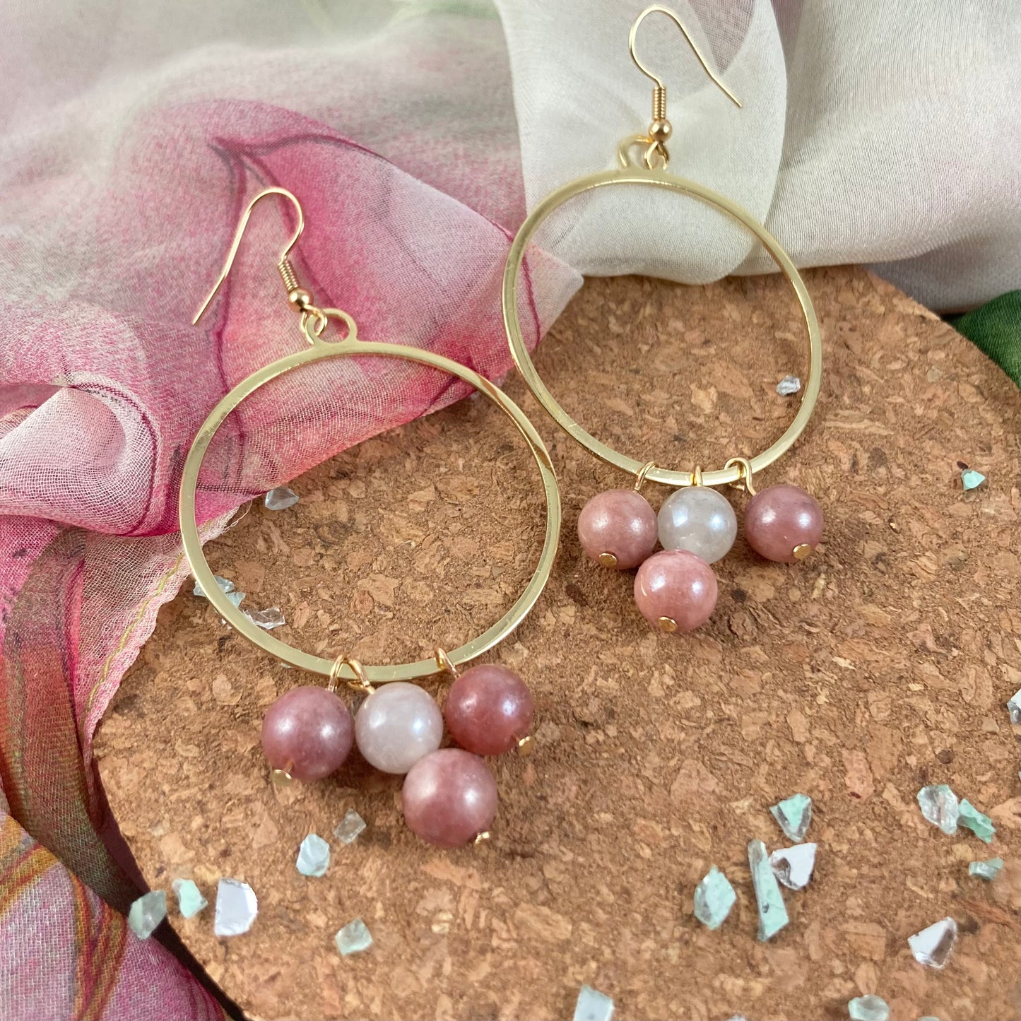 VE24-25 - Gold Hoop Earrings w/ 3 Dangles of Beads