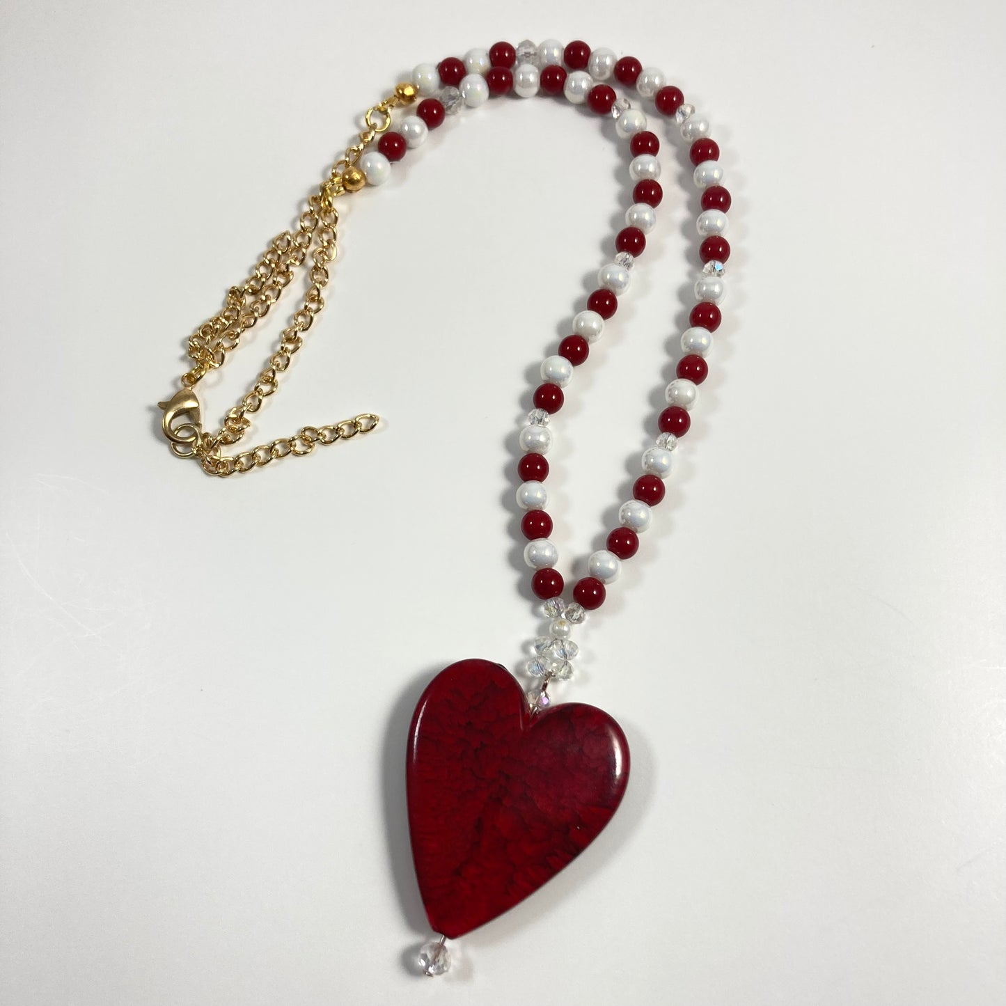 N24-C3 - Red, White & Clear Necklace w/ Red Heart Focal on Gold Chain