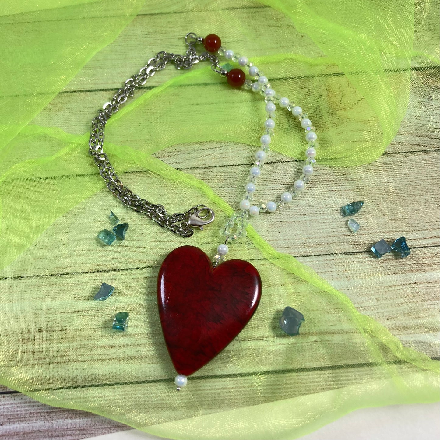 N24-C4 - Red, White & Clear Necklace w/ Red Heart Focal on Silver Chain