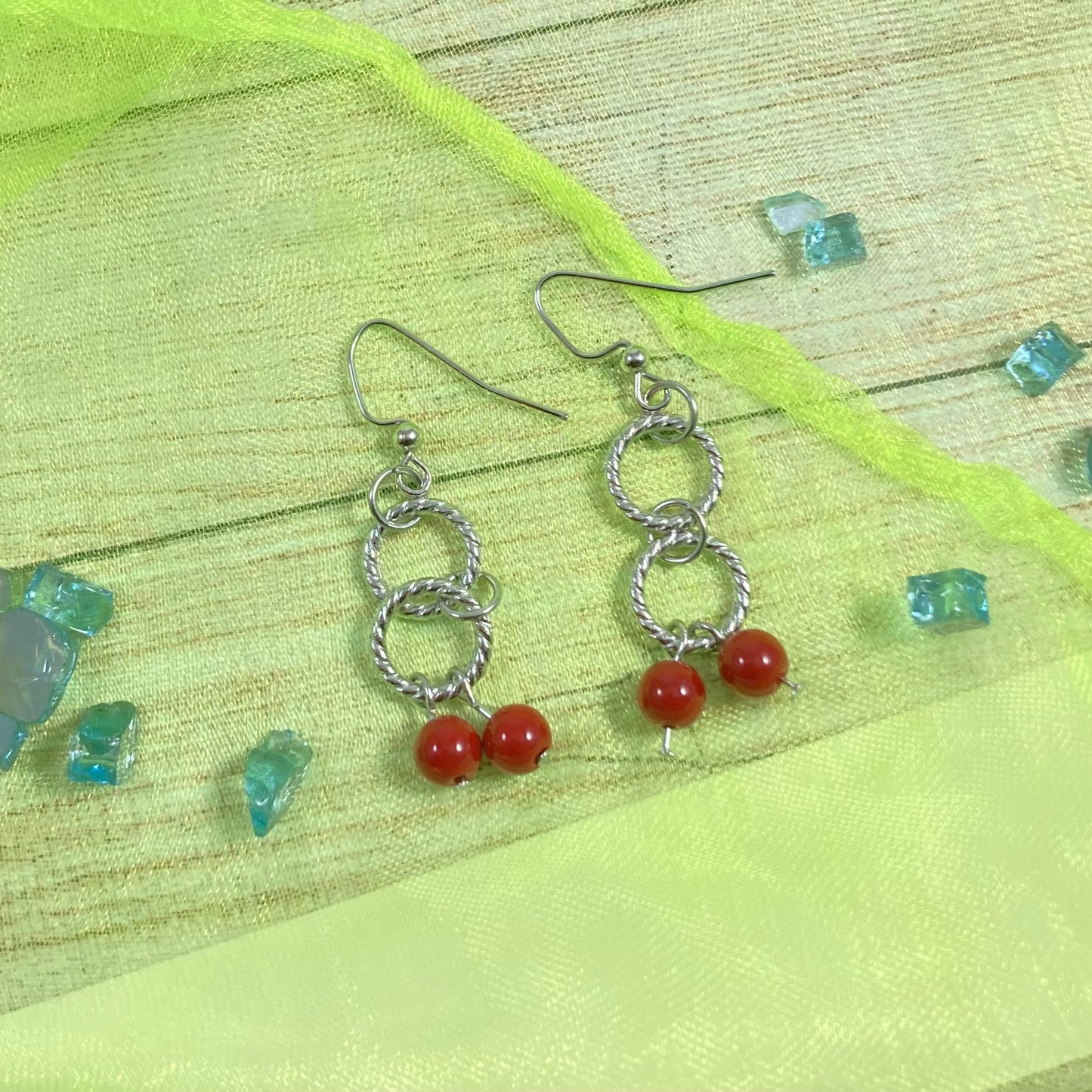 VE24-26 - Pomegranate Red Bead w/ Double Silver Rings Dangle Earrings