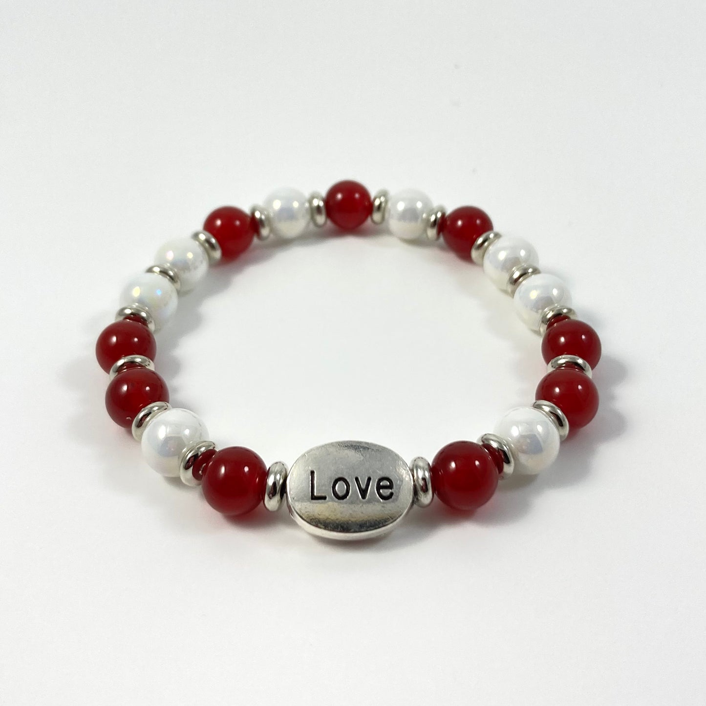 B24-12 Stretch Red & White Bracelet w/ LOVE Focal