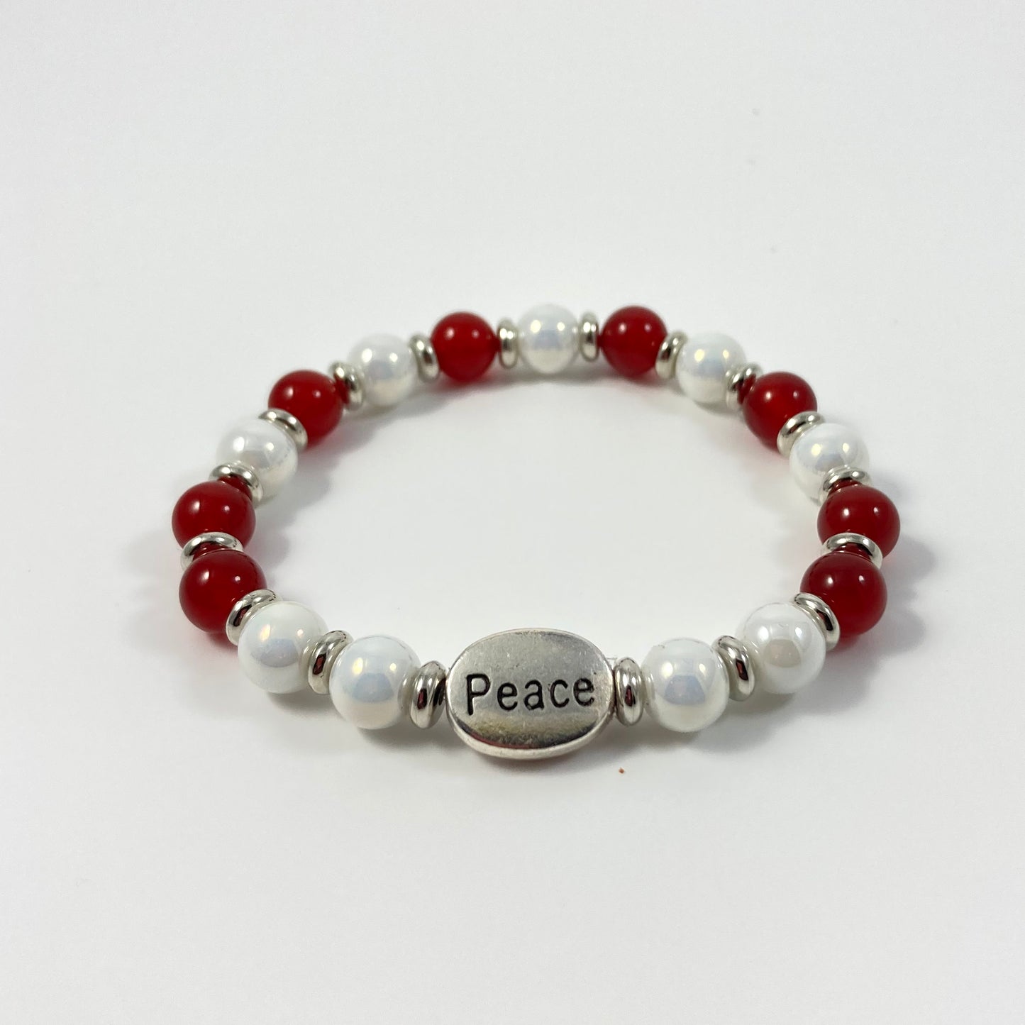 B24-14 Stretch Red & White Bracelet w/ PEACE Focal