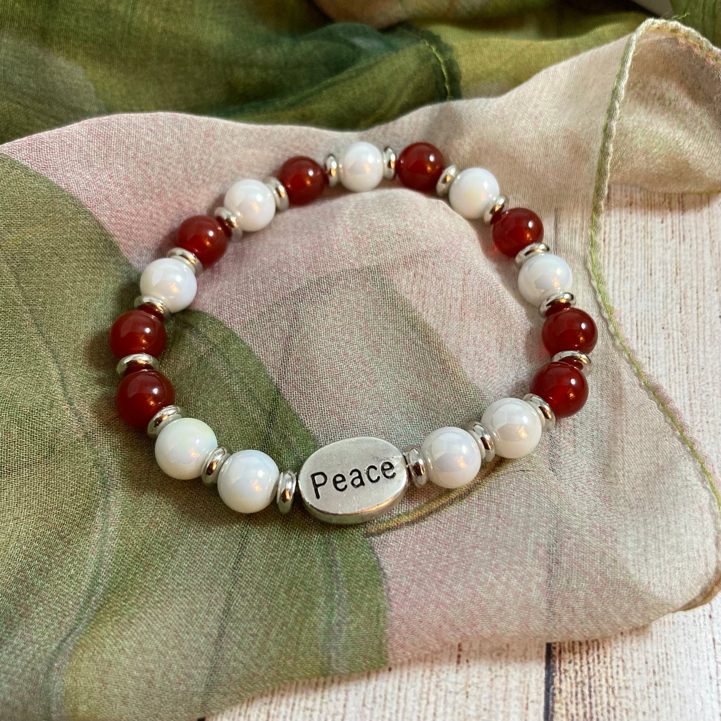 B24-14 Stretch Red & White Bracelet w/ PEACE Focal