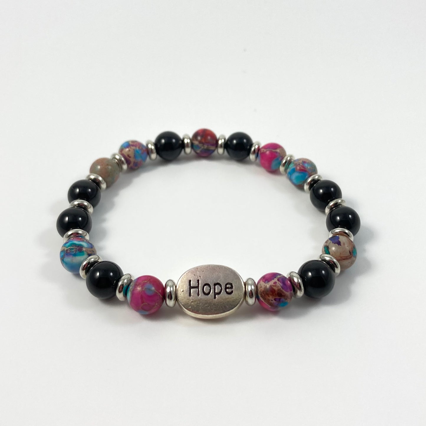 B24-17 Colorful Jasper & Black Onyx Stretch Bracelet w/ HOPE Focal