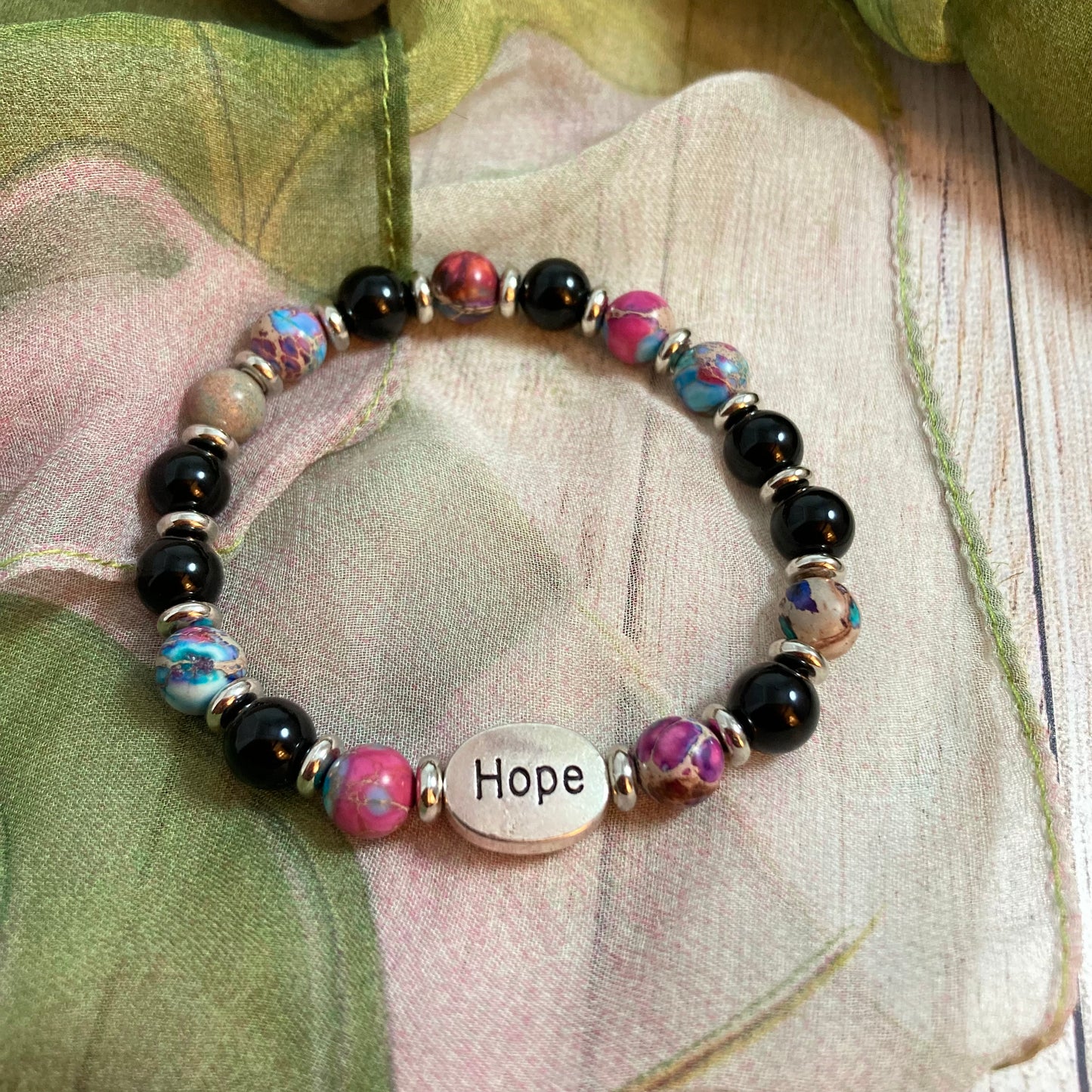 B24-17 Colorful Jasper & Black Onyx Stretch Bracelet w/ HOPE Focal