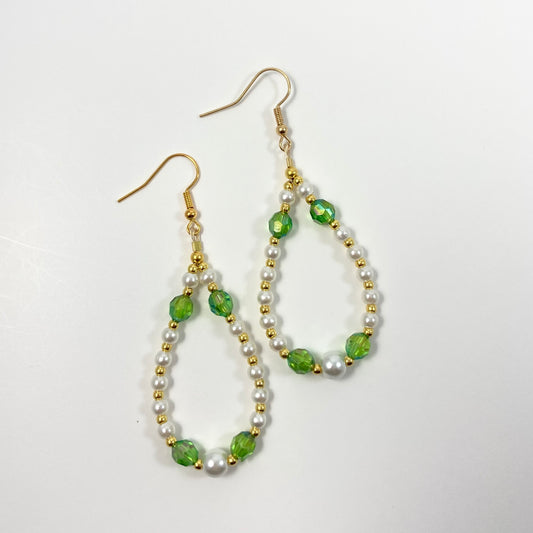 VE24-21 Teardrop Pearl, Gold & Green Dangle Earrings