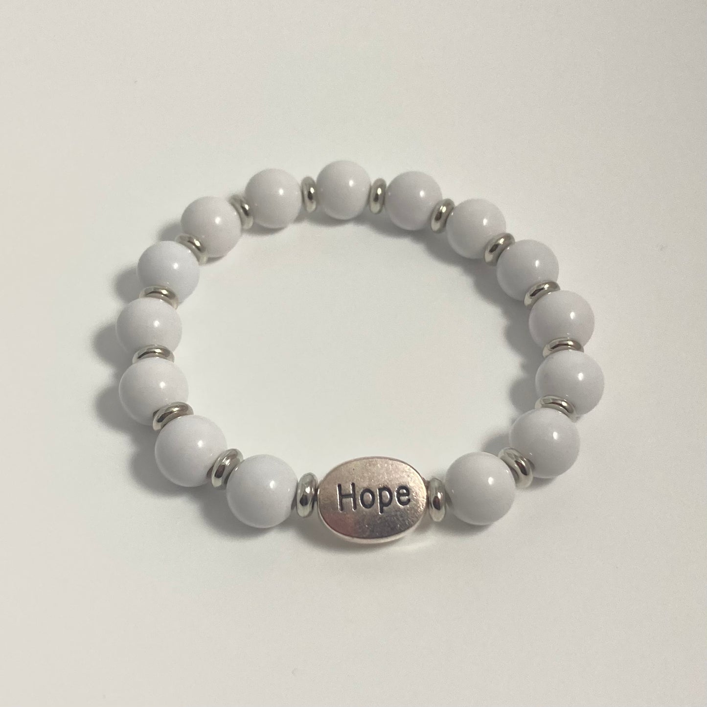 B24-22 White & Silver Stretch Bracelet w/ HOPE Focal