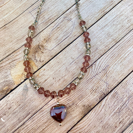25N-8 - Clear and Silver Necklace with Glazed Chocolate Heart Dangle