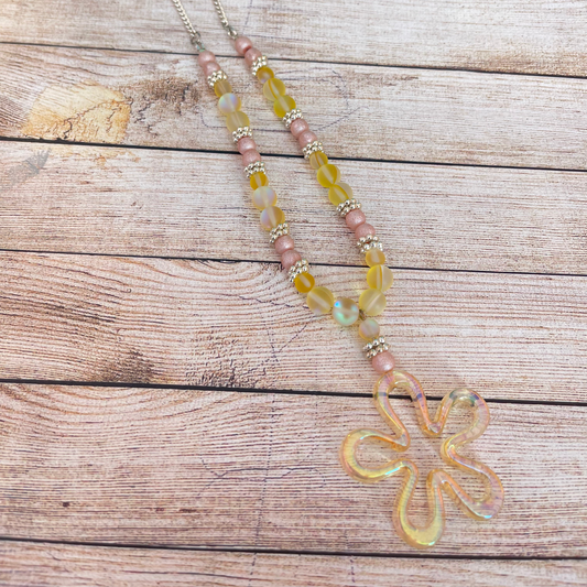 25N-10 - Pink and Yellow Necklace with Yellow Flower Pendant