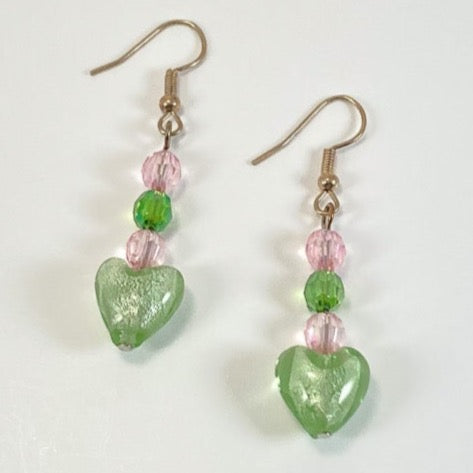 38S Pink & Green Glass Bead Necklace & Earring Set