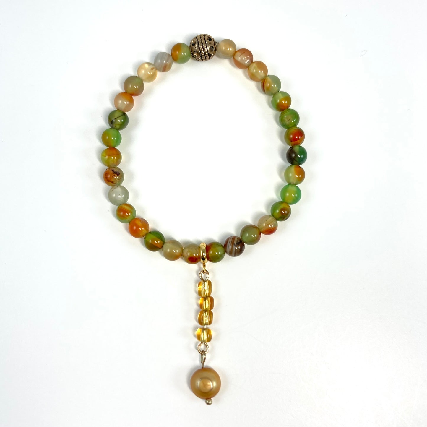 B24-03 - Green & Gold Stretch Bracelet with Dangle