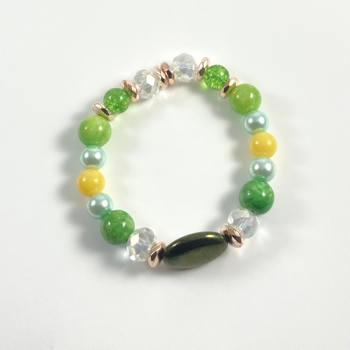 B24-37 - Green, Clear & Yellow Stretch Bracelet w/ Focal