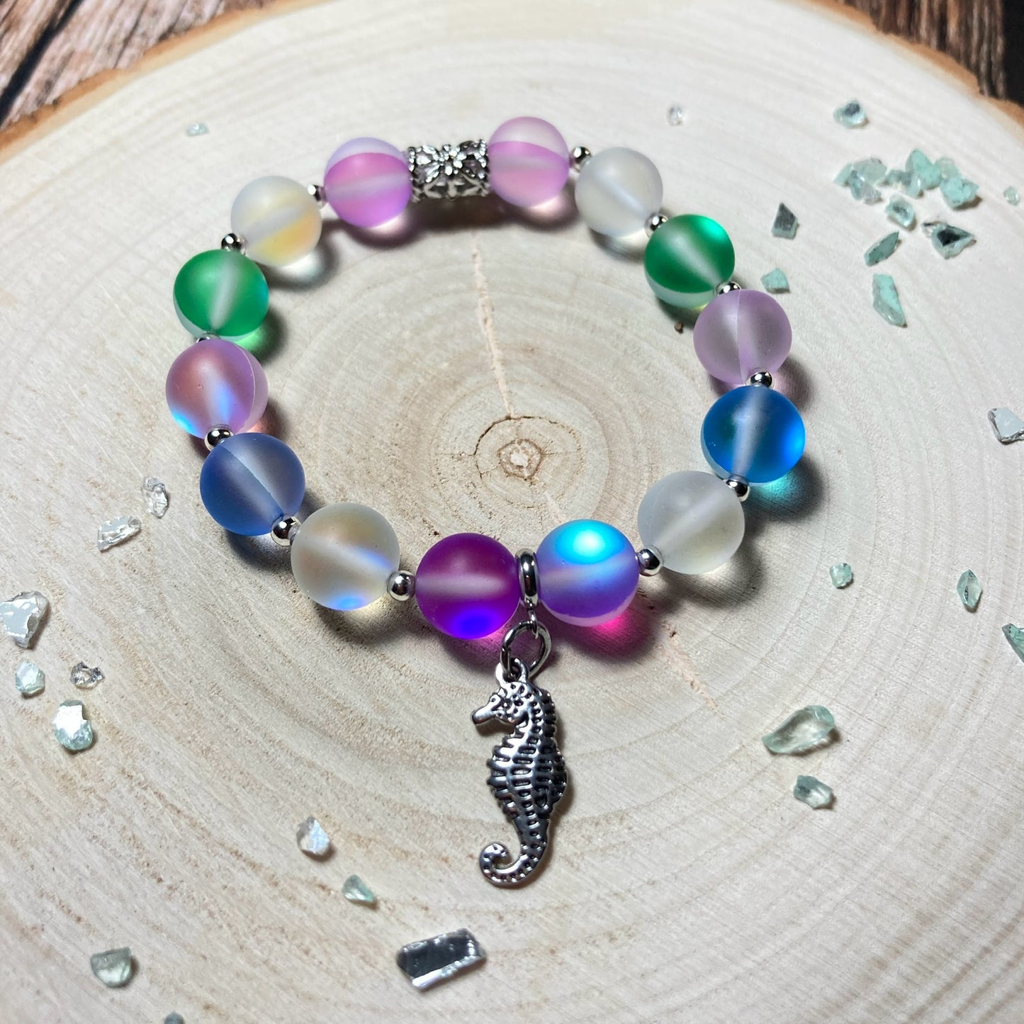 B24-41 - Multi-Colored Stretch Bracelet with Seahorse Charm