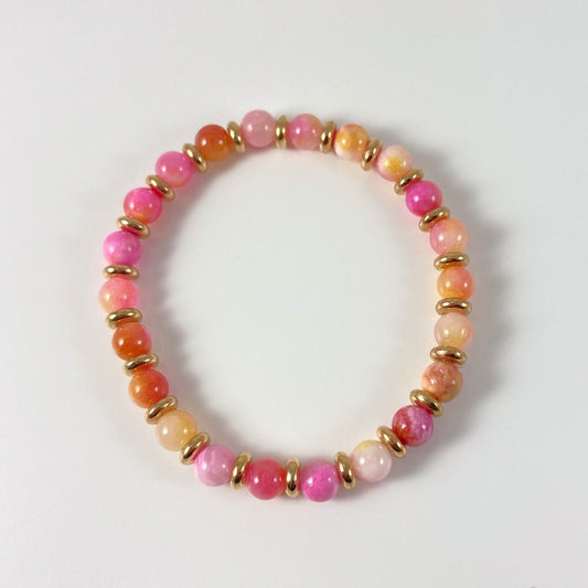 FFB51 -Stretch Bracelet - Pink & Yellow Jade w/ Gold Spacers